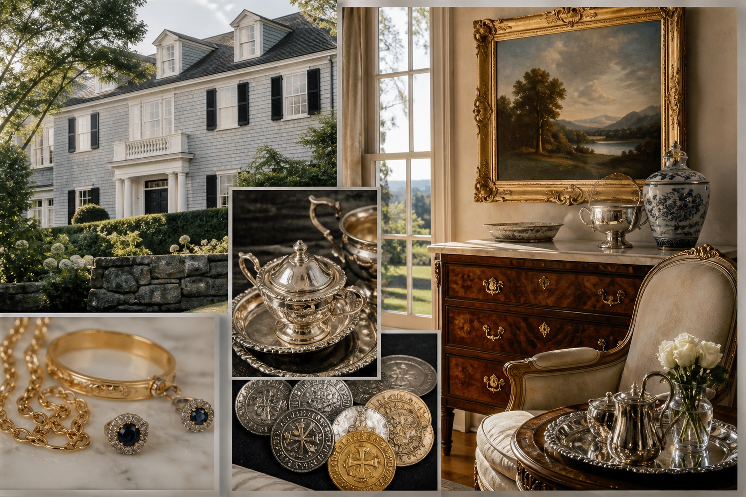 Collage of an elegant home, fine furnishings, art, gold jewelry, coins, and silver